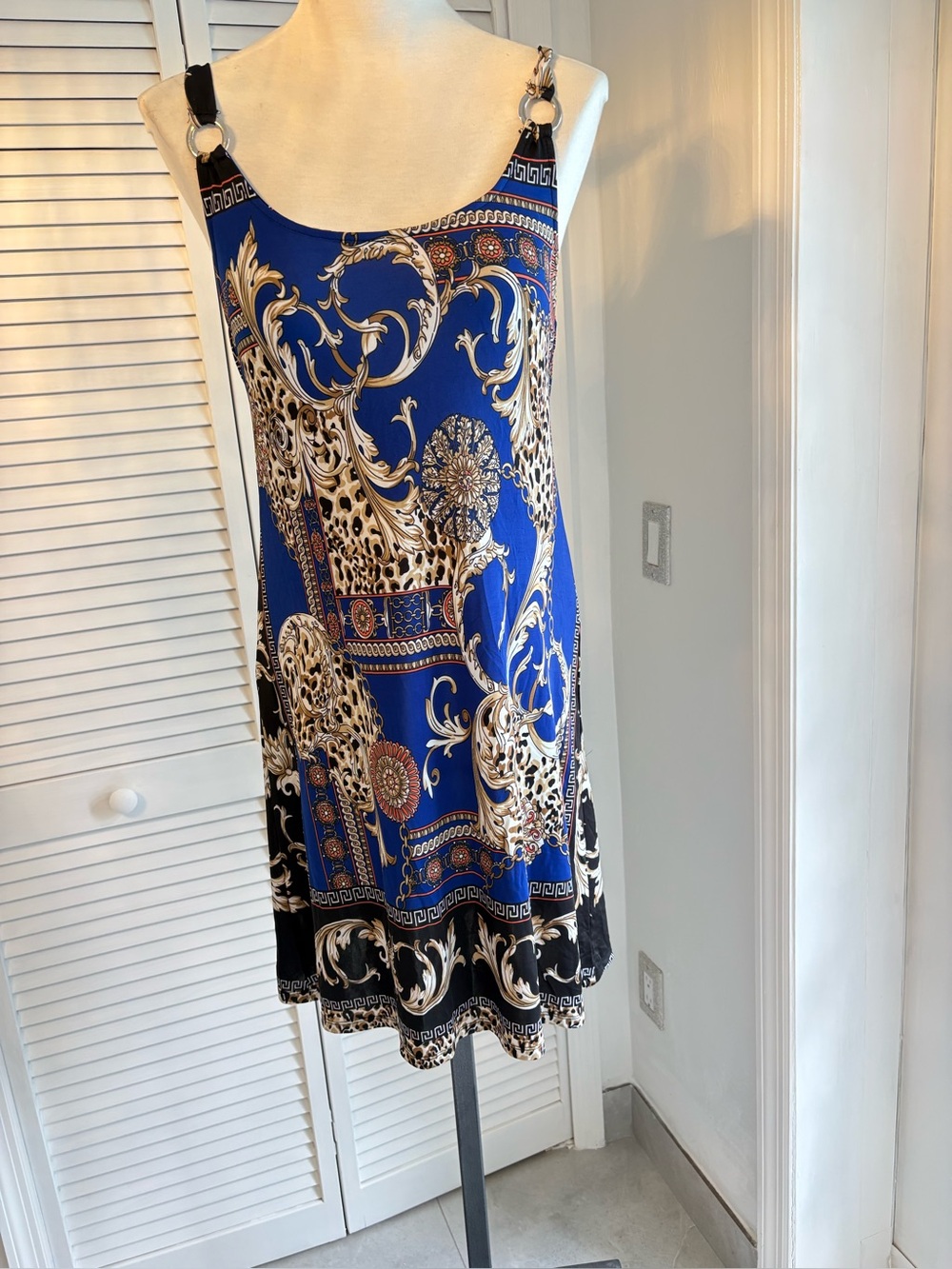 Blue Baroque-Print Mini Slip Dress with Ring Straps